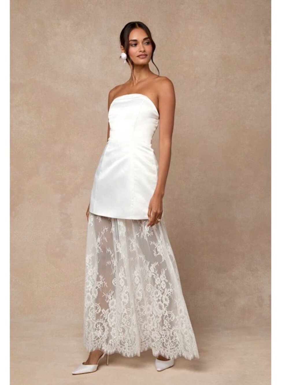 Lulus Winslet White Satin Sheer Hem Strapless Maxi Dress Size Medium New NWT
